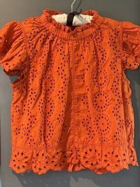 Jennifer & Grace orange Eyelet Lace Cotton Flared Sleeve Lacy Blouse Shirt Top M